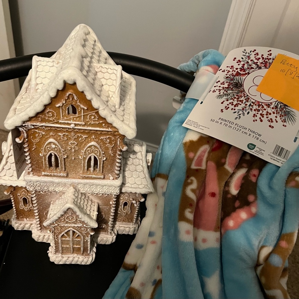 Light up Gingerbread House Holiday Decor with Blue Gingerbread Throw